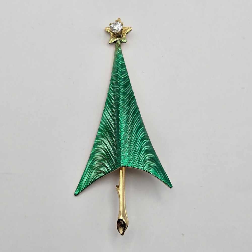 Cerrito Christmas Tree Brooch Green Enamel Rhinestone Star Signed Vintage